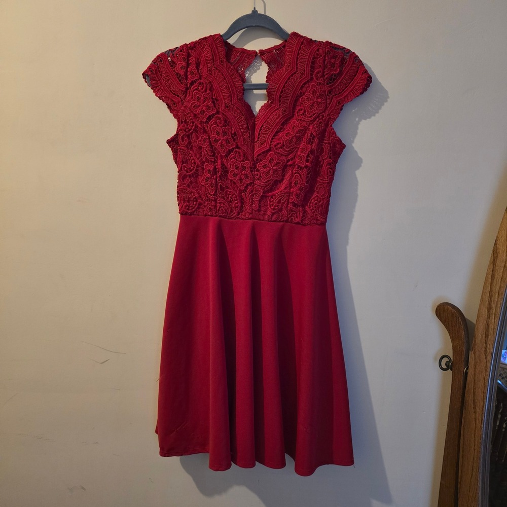 Rare Editions Girls Red Lace Scuba Crepe Fit Flare Party Dress Size 16 F499552